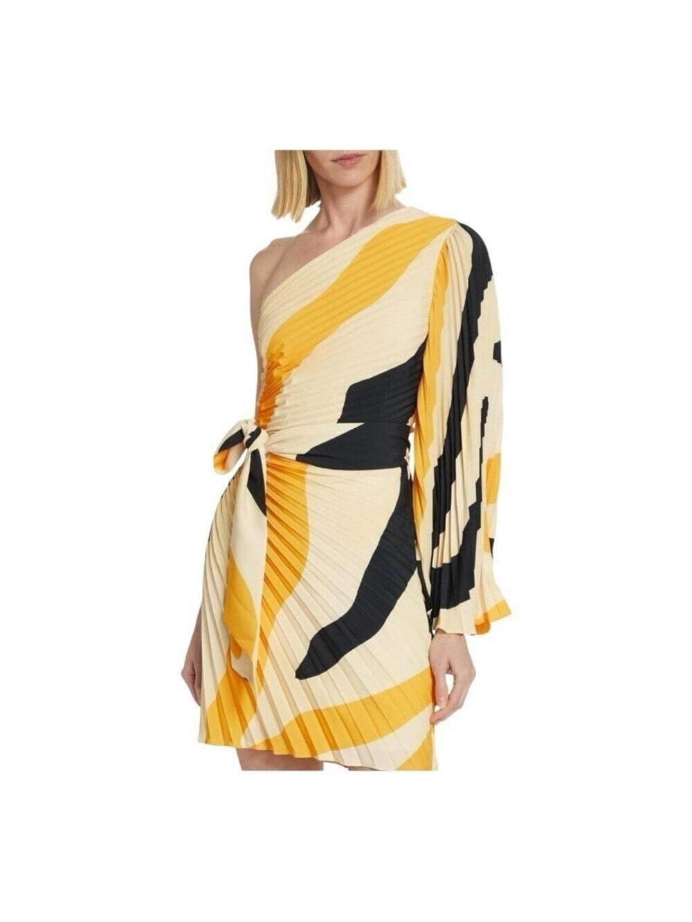 Milly One Shoulder Linden Zebra Pleated Mini Dress Size 8 Beige Yellow Black
